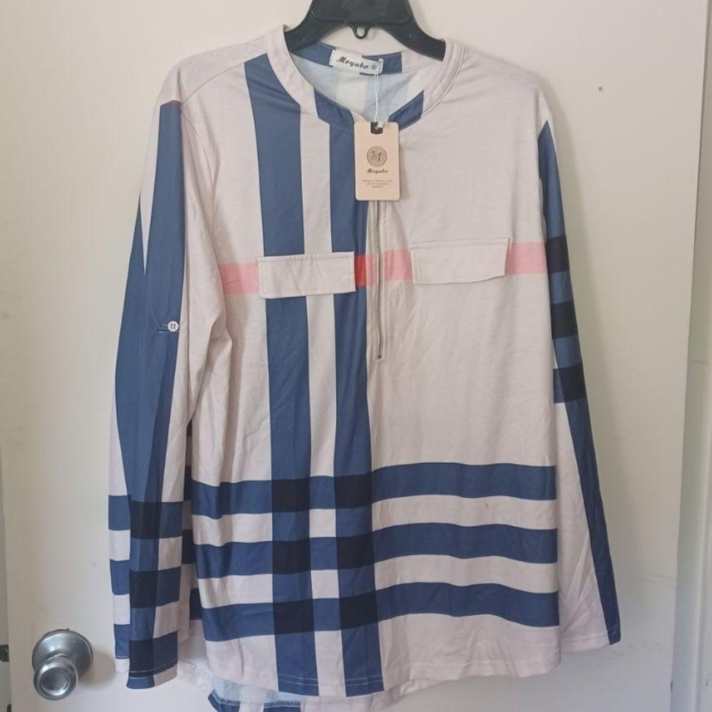 Moyabo Plaid Blouse Women XL‎ Blue White NWT Half Zip Roll Tab Sleeve Top Tunic